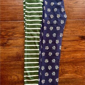 Two Pairs Primary Girls Green Stripe & Navy Daisy Leggings
